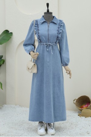 Yarım Fermuarlı Tünel Bağcıklı Kot Elbise -Buz Mavi