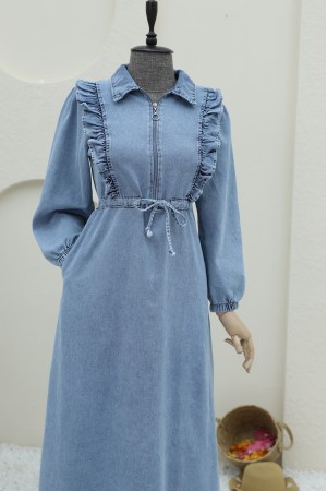 Yarım Fermuarlı Tünel Bağcıklı Kot Elbise -Buz Mavi