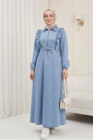 Yarım Fermuarlı Tünel Bağcıklı Kot Elbise -Buz Mavi