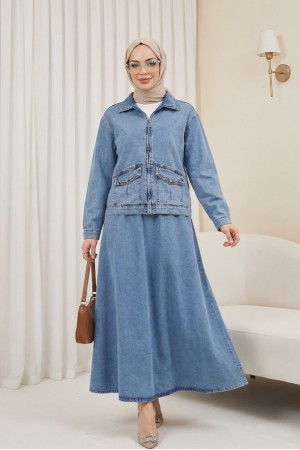 Denim Suit with Full Zipper and Stone Detailed Pocket -Ice Blue