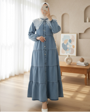 Denim Dress with Organza Tulle Detail on the Collar -Ice Blue