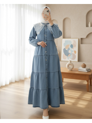 Denim Dress with Organza Tulle Detail on the Collar -Ice Blue