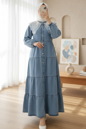 Denim Dress with Organza Tulle Detail on the Collar -Ice Blue