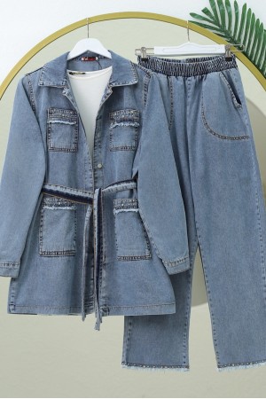 Taş Detaylı Ceket Pantolon Kot Takım -Buz Mavi