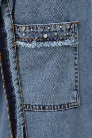 Taş Detaylı Ceket Pantolon Kot Takım -Buz Mavi