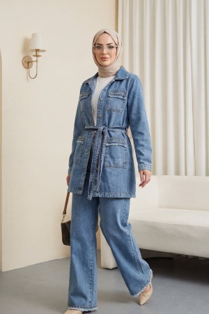 Taş Detaylı Ceket Pantolon Kot Takım -Buz Mavi