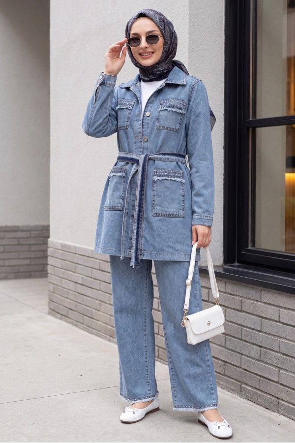 Stone Detailed Jacket Trousers Denim Set -Ice Blue