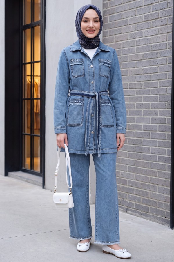 Stone Detailed Jacket Trousers Denim Set -Ice Blue