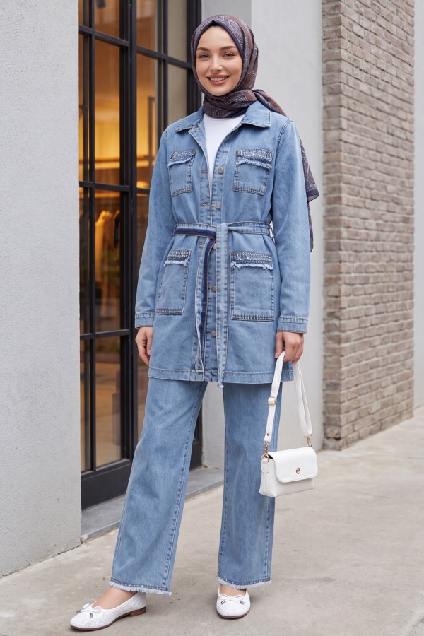 Stone Detailed Jacket Trousers Denim Set -Ice Blue