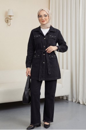 Taş Detaylı Ceket Pantolon Kot Takım -Siyah