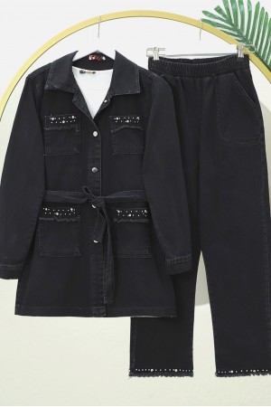 Taş Detaylı Ceket Pantolon Kot Takım -Siyah