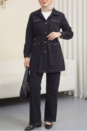 Taş Detaylı Ceket Pantolon Kot Takım -Siyah