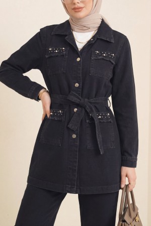 Taş Detaylı Ceket Pantolon Kot Takım -Siyah