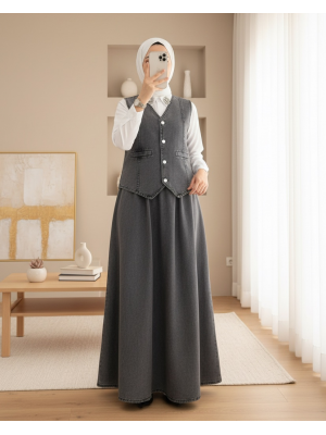 V Yaka Yelekli Etekli Kot Takım -Füme