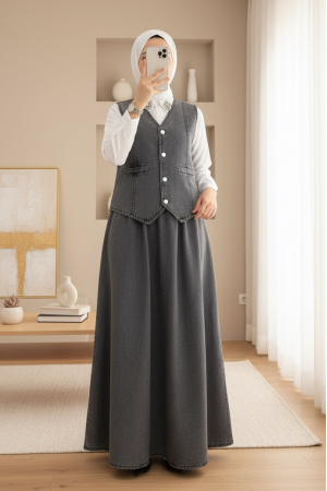 V Yaka Yelekli Etekli Kot Takım -Füme