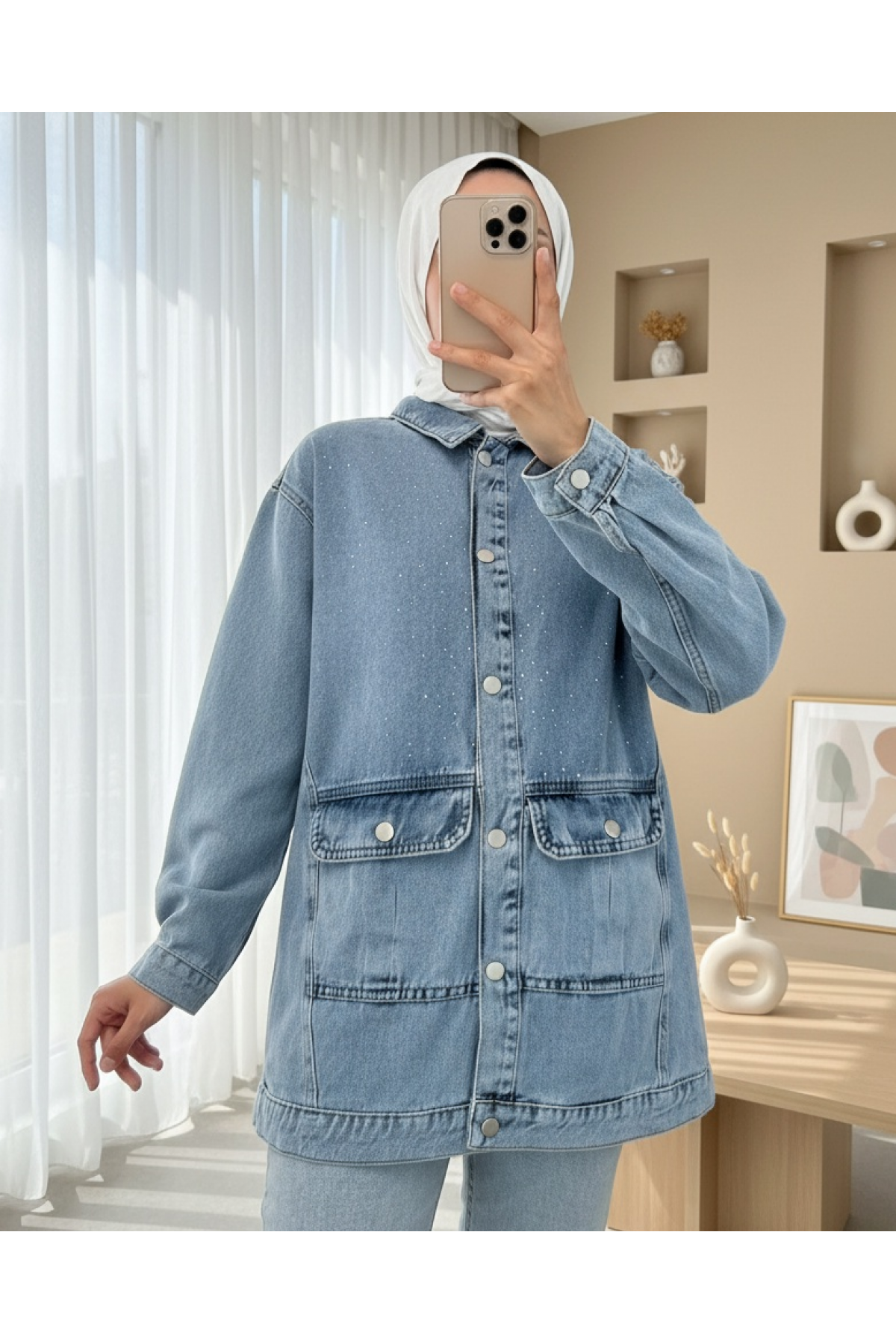 Denim Jacket with Flap Pocket and Sprinkled Stone Detail -Ice Blue