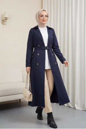 Double Buttoned Belted Trench Coat -Navy blue