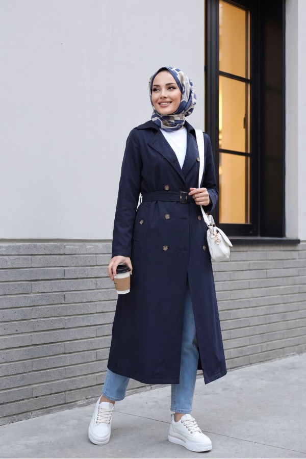 Double Buttoned Belted Trench Coat -Navy blue