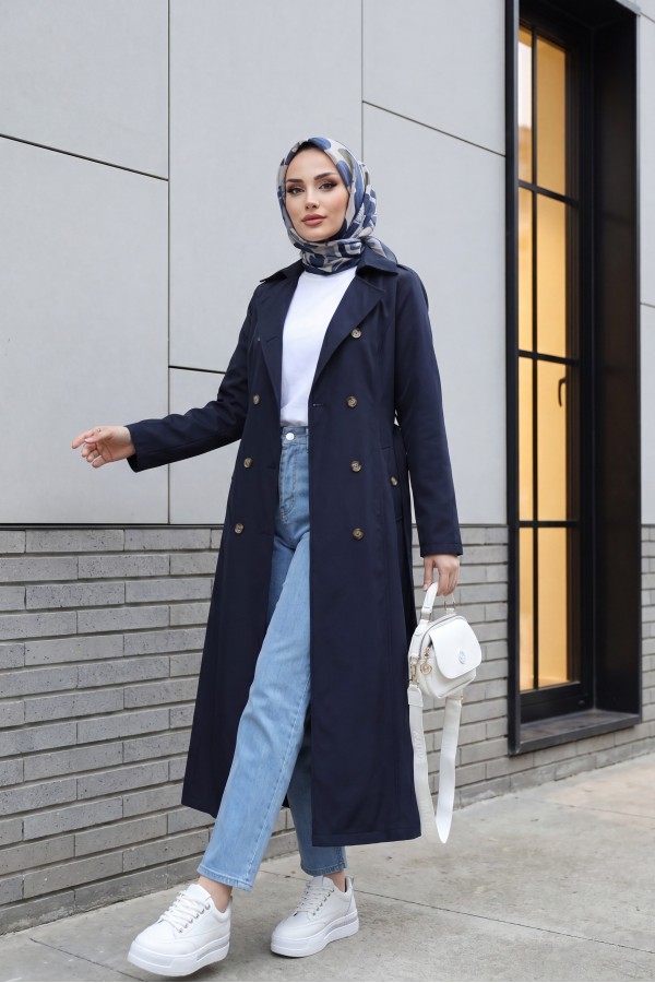 Double Buttoned Belted Trench Coat -Navy blue