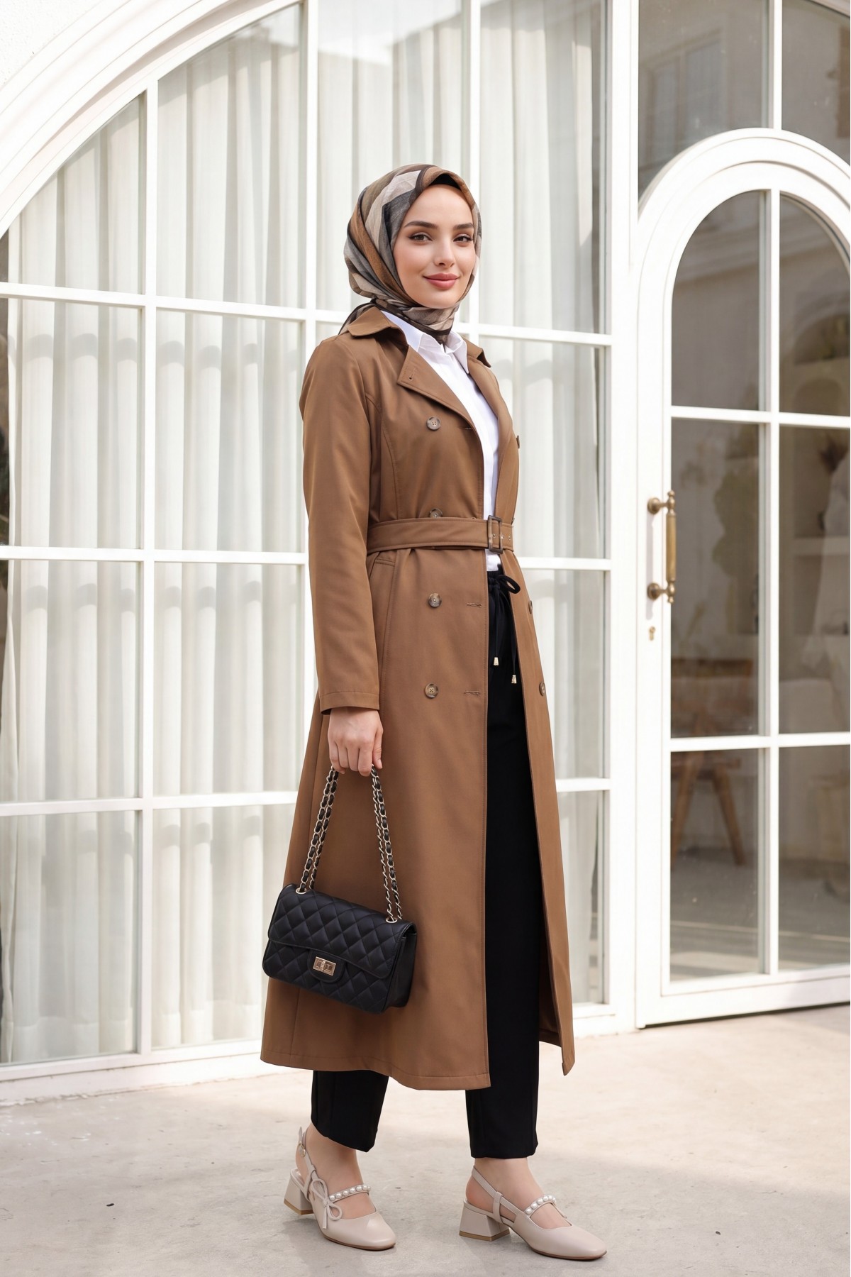 Double Buttoned Belted Trench Coat -Snuff detay görseli