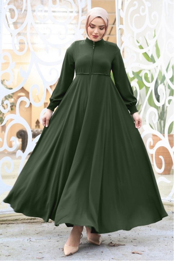 Abaya with Waist Scalloped Shoulder Pads and Elastic Sleeves -Khaki