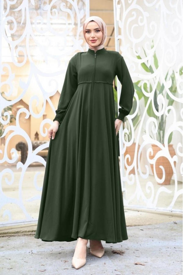 Abaya with Waist Scalloped Shoulder Pads and Elastic Sleeves -Khaki