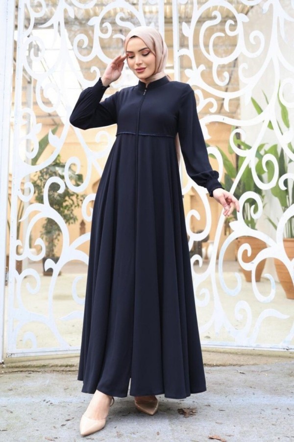 Abaya with Waist Scalloped Shoulder Pads and Elastic Sleeves -Navy blue