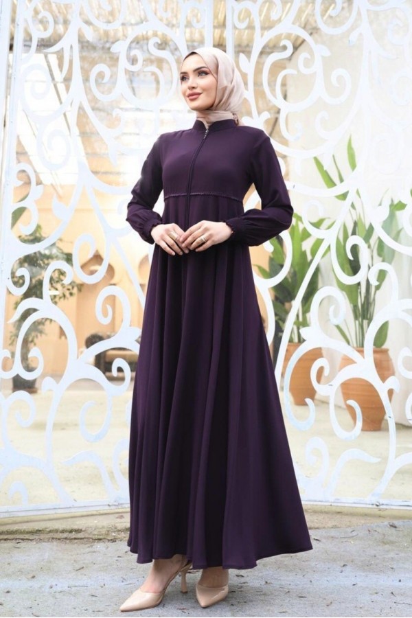 Abaya with Waist Scalloped Shoulder Pads and Elastic Sleeves - Purple