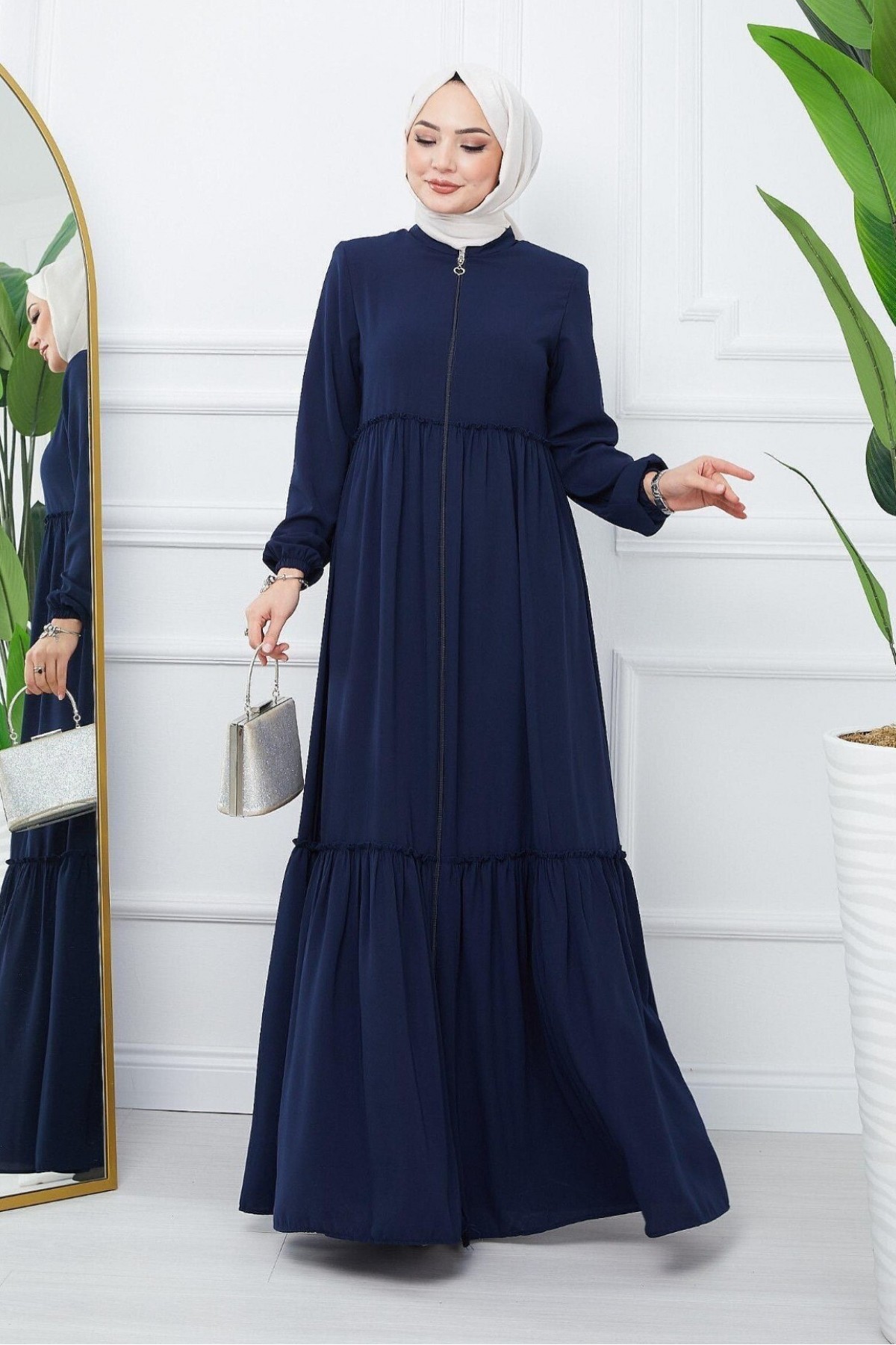 Parted Elastic Sleeve Full Zip Abaya -Navy blue
