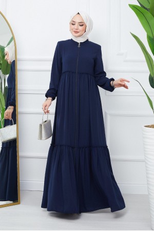 Parçalı Kolu Lastikli Boydan Fermuarlı Ferace -Laci