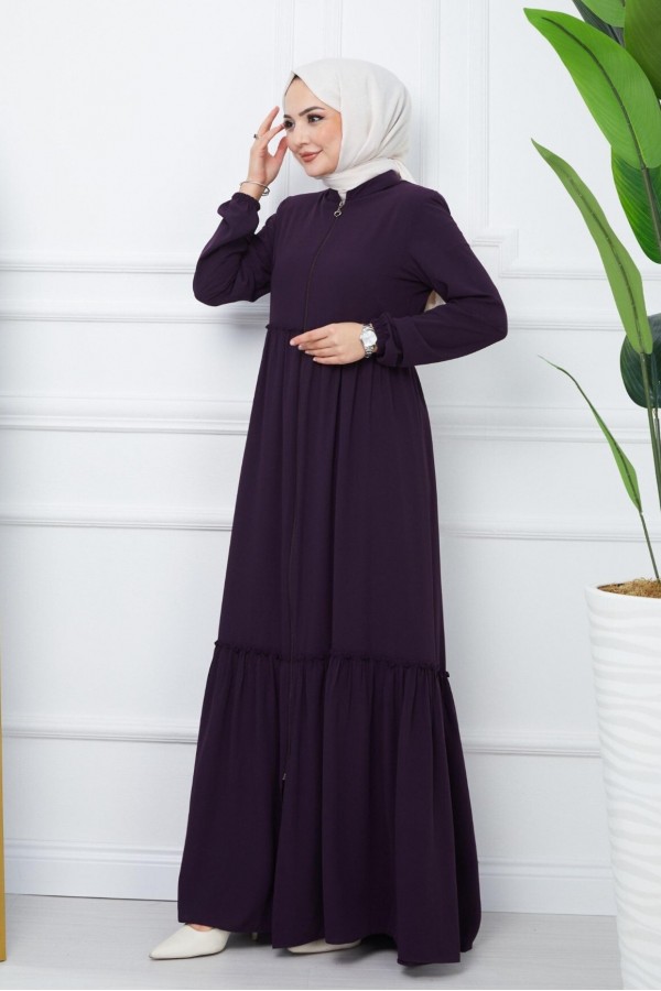 Parted Elastic Sleeve Full Zip Abaya - Purple