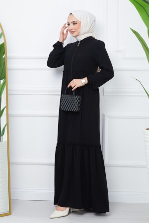 Parçalı Kolu Lastikli Boydan Fermuarlı Ferace -Siyah