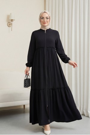 Parçalı Kolu Lastikli Boydan Fermuarlı Ferace -Siyah