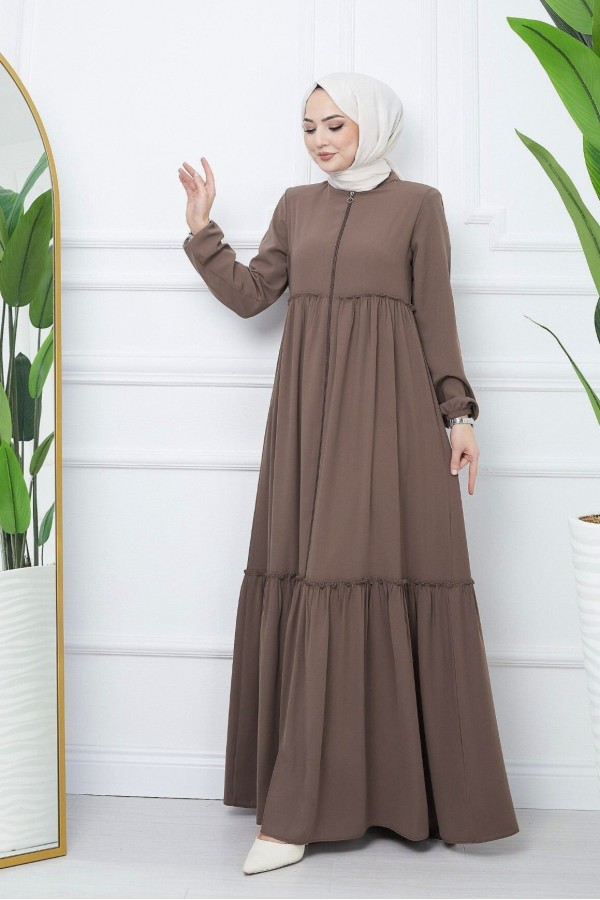 Parted Elastic Sleeve Full Zip Abaya - Soil