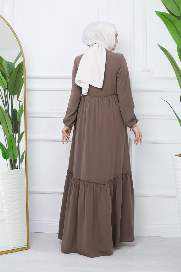 Parted Elastic Sleeve Full Zip Abaya - Soil
