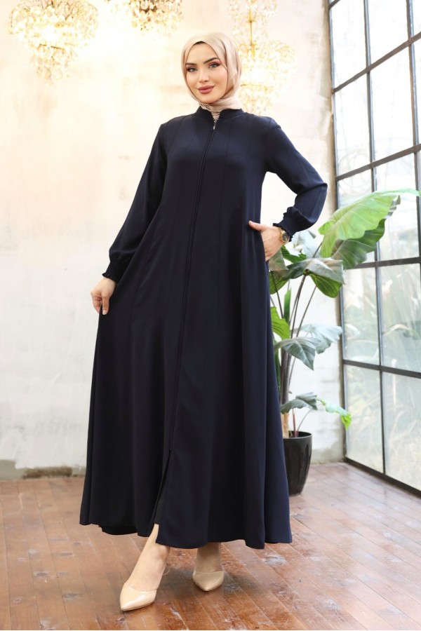 Side Pocket, Full Zipper, Elastic Sleeve Abaya -Navy blue