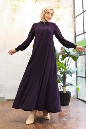 Yan Cepli Boydan Fermuarlı Kolu Lastikli Ferace -Mor