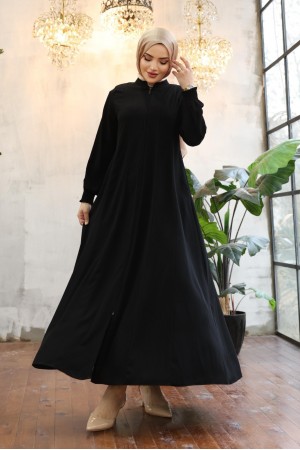 Yan Cepli Boydan Fermuarlı Kolu Lastikli Ferace -Siyah