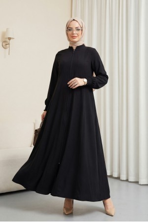 Yan Cepli Boydan Fermuarlı Kolu Lastikli Ferace -Siyah