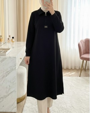 تونيك أويشو طويل بفتحة نصف سحاب -أسود