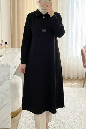 Half-Zip Slit Long Oysho Tunic -Black