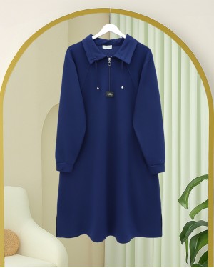 Long Oysho Tunic with Tunnel Neckline and Slit -Navy blue