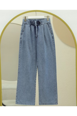 Çift Cepli Beli Lastikli Cırtlı Pileli Pantolon  -Buz Mavi