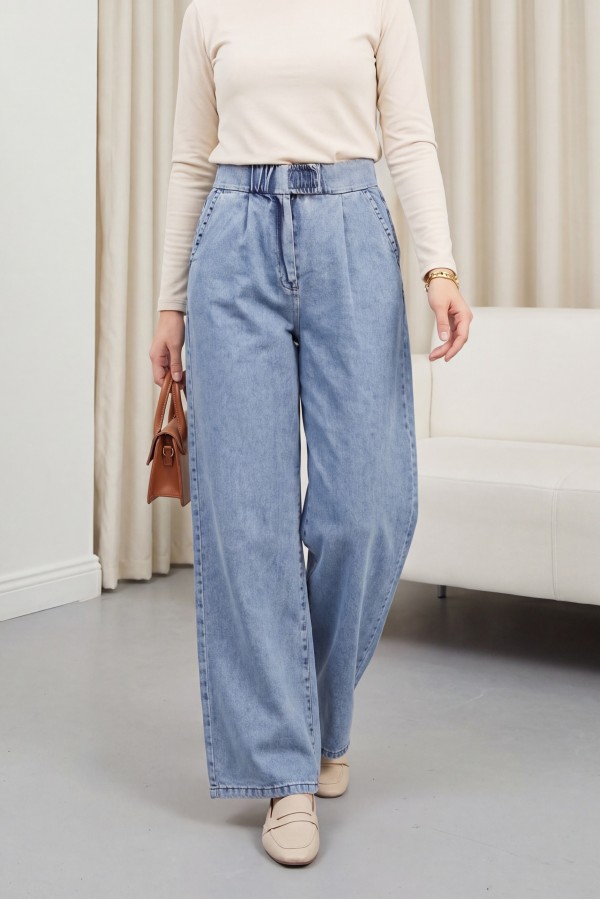 Double Pocket Elastic Waist Velcro Pleated Trousers -Ice Blue