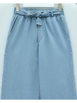 Beli Kuşaklı Lastikli Cepli Kot Pantolon -Buz Mavi