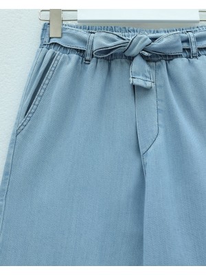 Beli Kuşaklı Lastikli Cepli Kot Pantolon -Buz Mavi