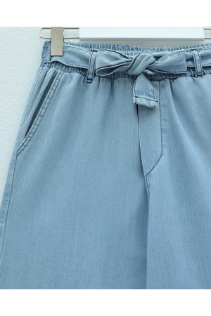 Beli Kuşaklı Lastikli Cepli Kot Pantolon -Buz Mavi