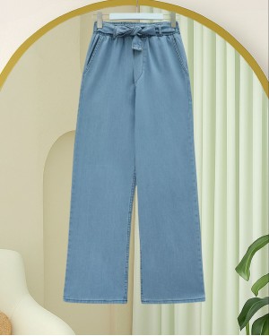 بنطال جينز بحزام خصر وجيوب مرنة -جليدي