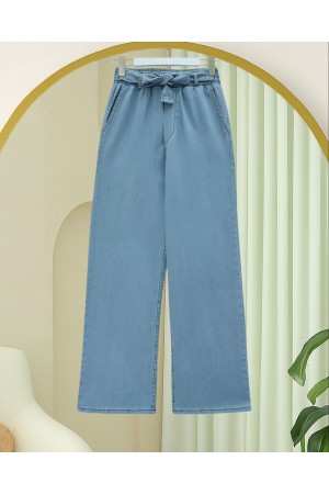 Beli Kuşaklı Lastikli Cepli Kot Pantolon -Buz Mavi