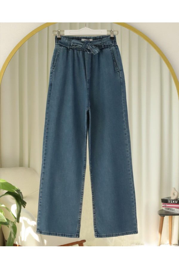 Beli Kuşaklı Lastikli Cepli Kot Pantolon -Laci